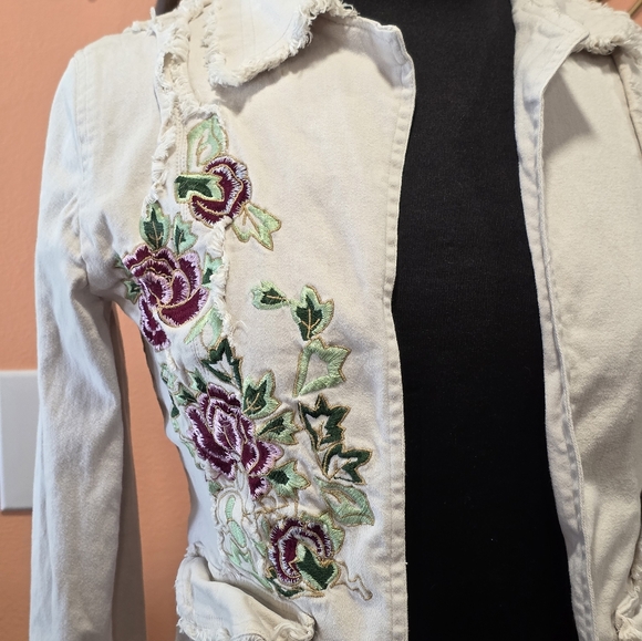Vintage Y2K Embroidered Jacket Floral Distressed Cream Blazer Elenacore Vibes - Picture 1 of 13